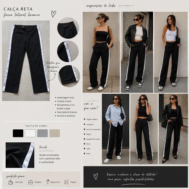 Calça preta reta com faixa lateral branca - Foto 4