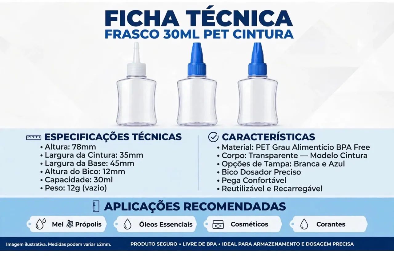 Frascos Plásticos 30 ML  TRANSPARENTE PET  COM TAMPA BRANCA