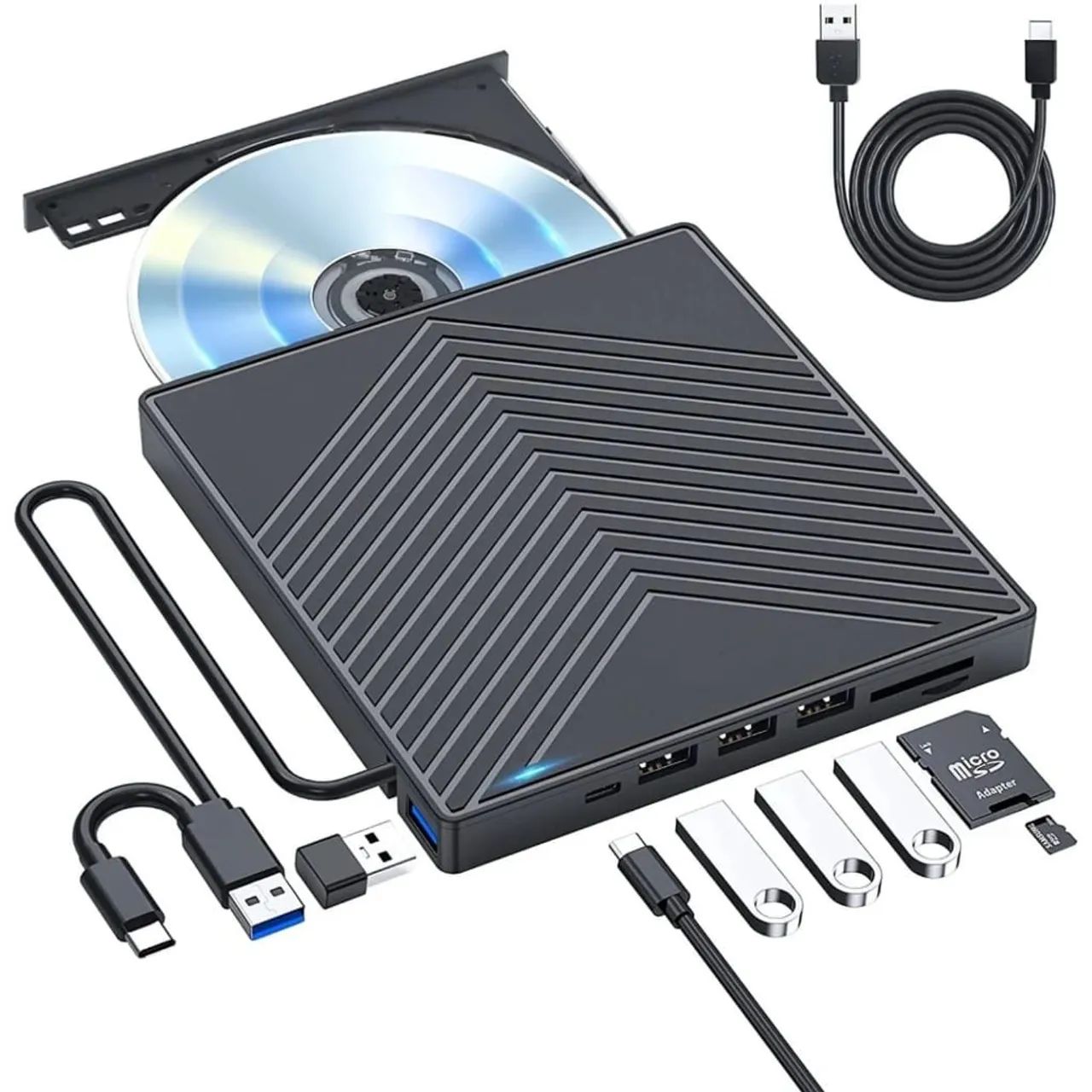 Gravador e leitor de CD, DVD, pendrive, Cartão de Memória 7 em 1 externo