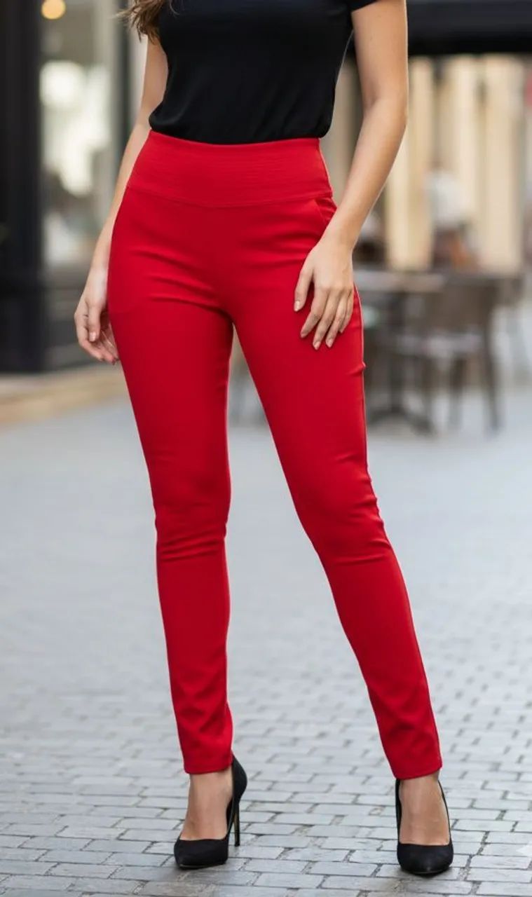 Calça vermelha com pala e com elastano tam p