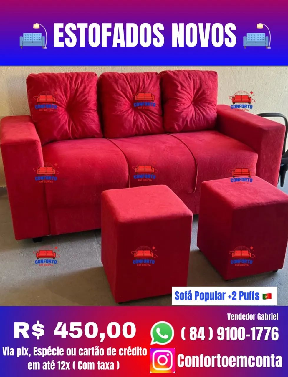Sofá 3 lugares com 2 puffs : R$ 450,00  - Foto 2