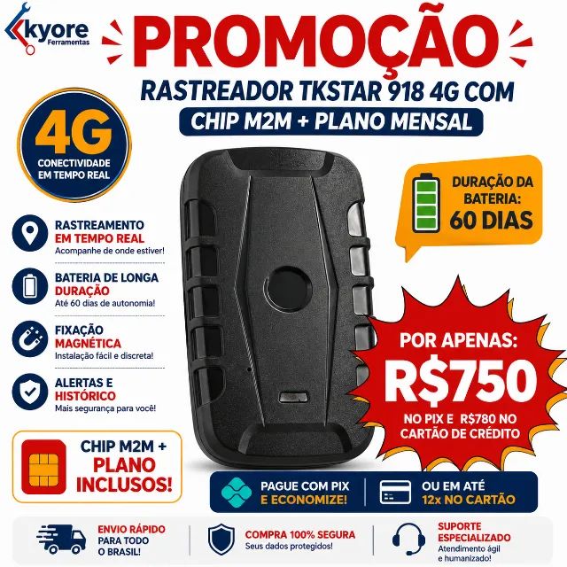 Rastreador TKSTAR 918 4G GPS com Bateria de Até 60 Dias