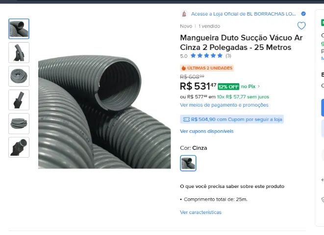 Mangueira Duto Sucção Vácuo Ar Cinza 2 Polegadas - 25 Metros - Foto 2