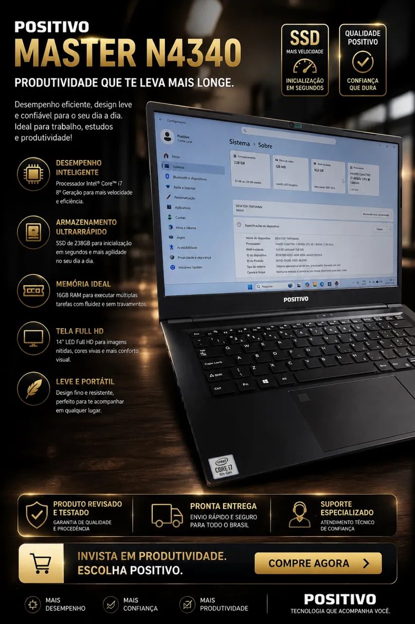 Notebook Positivo Executive Intel Core i7 10ªG / 16GB DDR4 / SSD 256GB / Tela 14 Full HD - Foto 2