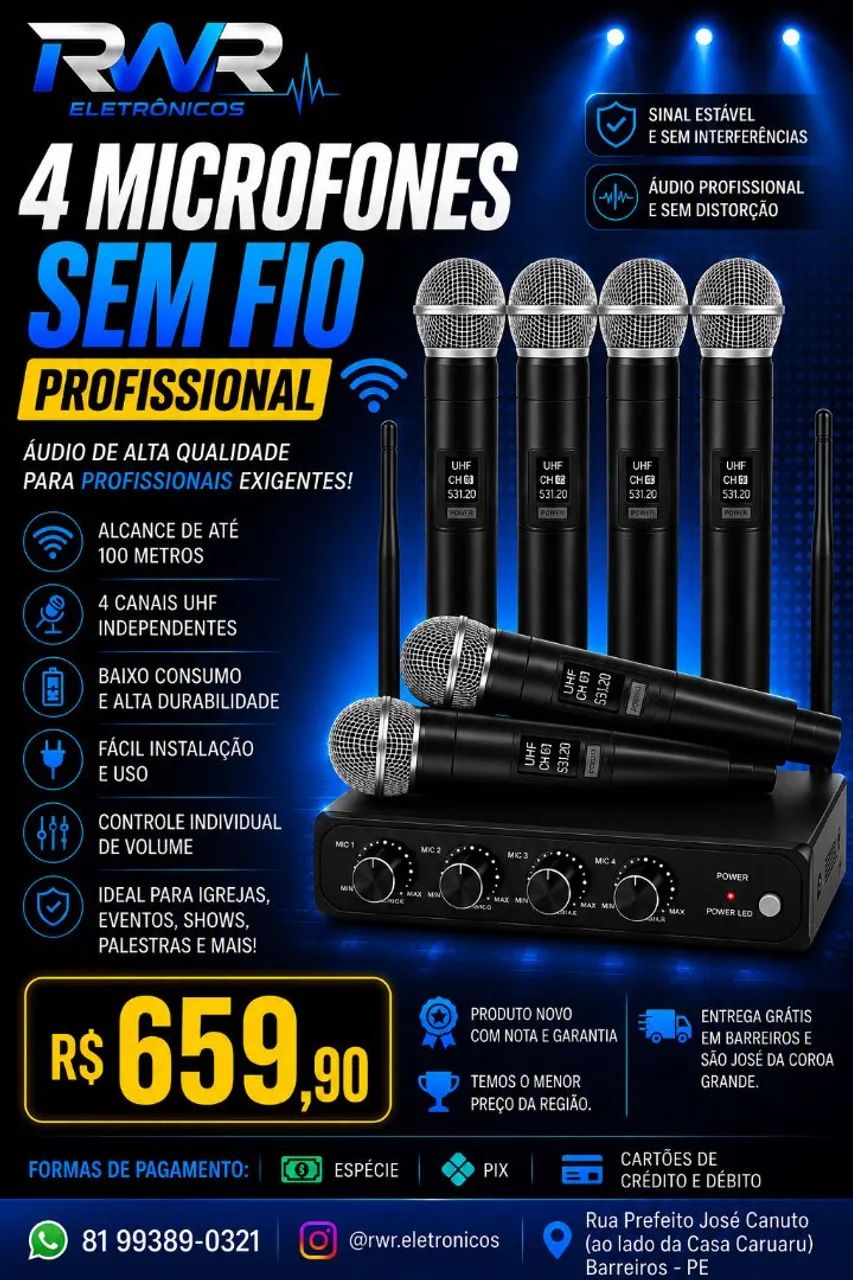 Microfone Sem fio Profissional (RWR SOM) - Foto 5
