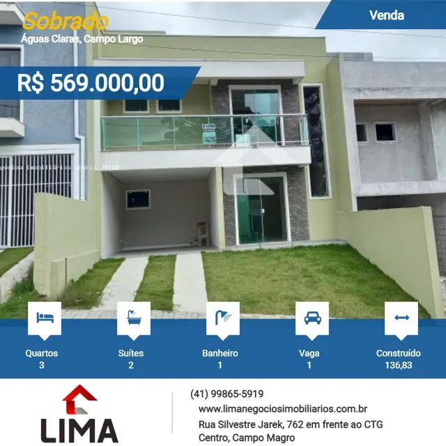 Sobrado novo 136m pa Venda, Condomínio Residencial Águas Claras Campo Largo