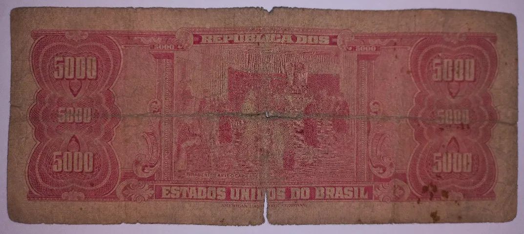 Cédula do Brasil 5000 Cruzeiros com carimbo de 5 Cruzeiros Novos - Foto 2