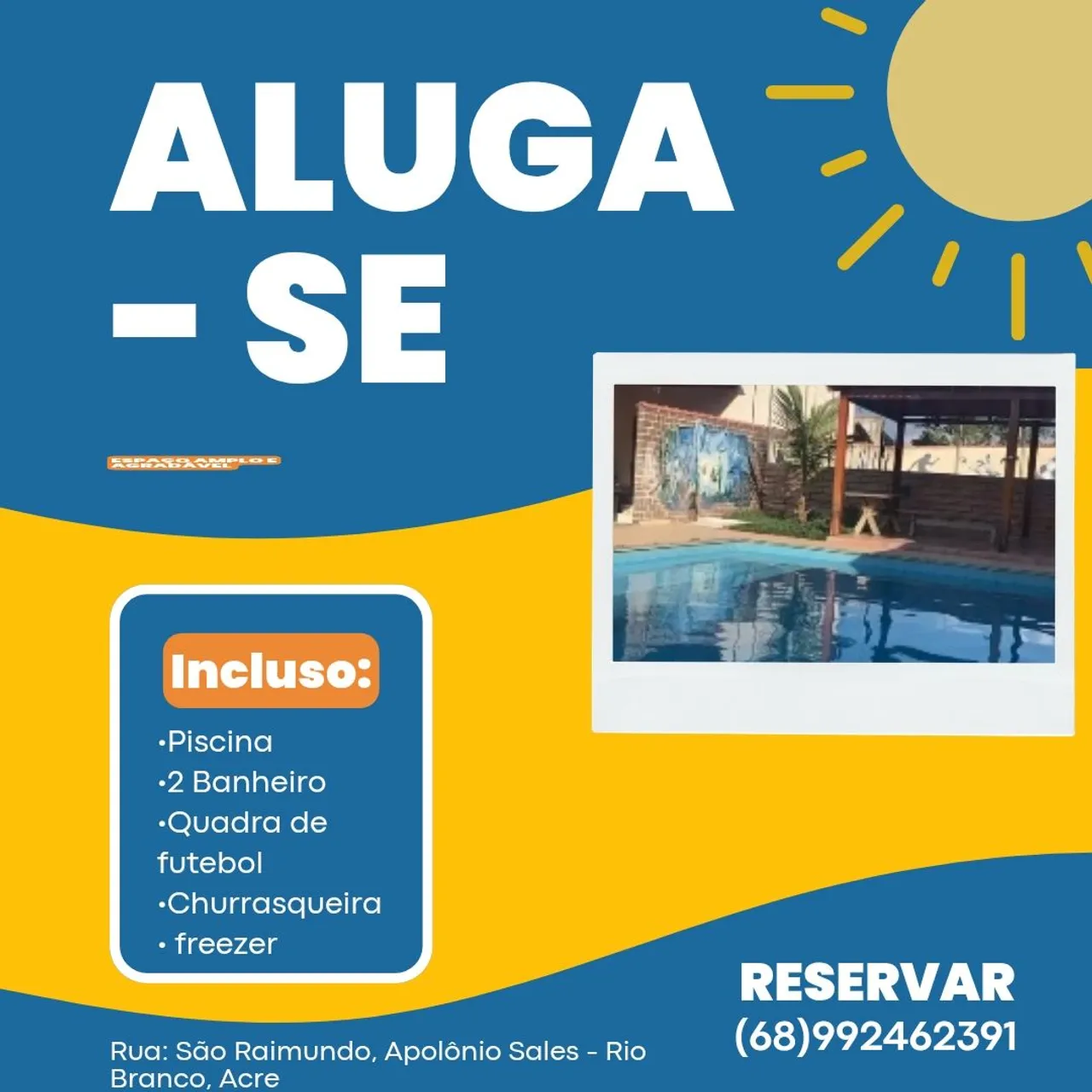 Aluga-se área de lazer amplo e agradável