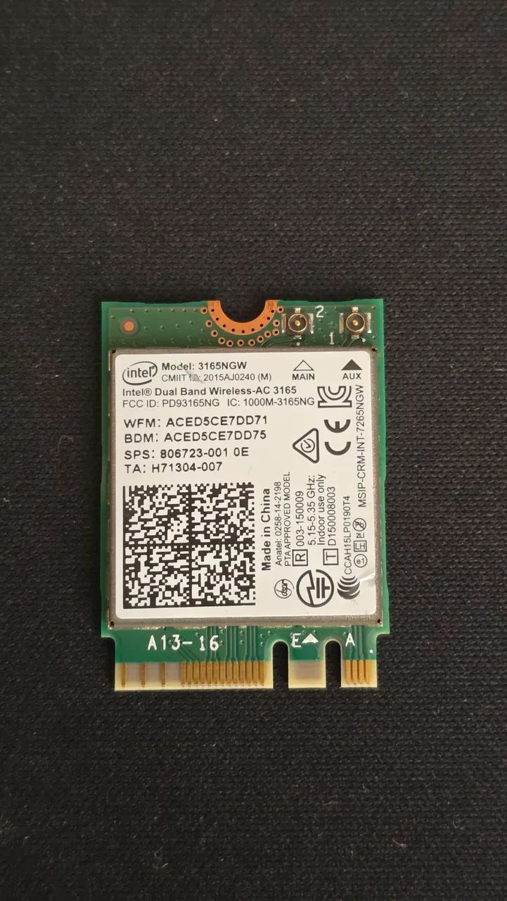 Placa wireless Intel 3165NGW Wi-Fi e Bluetooth Notebook