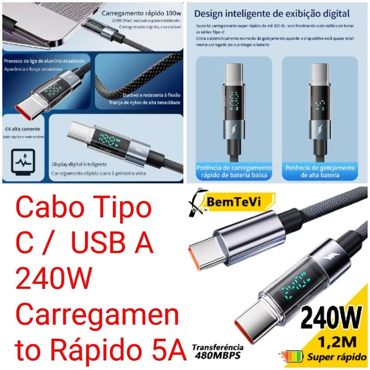 Cabo Tipo C / USB A 240W Carregamento Rápido 5A