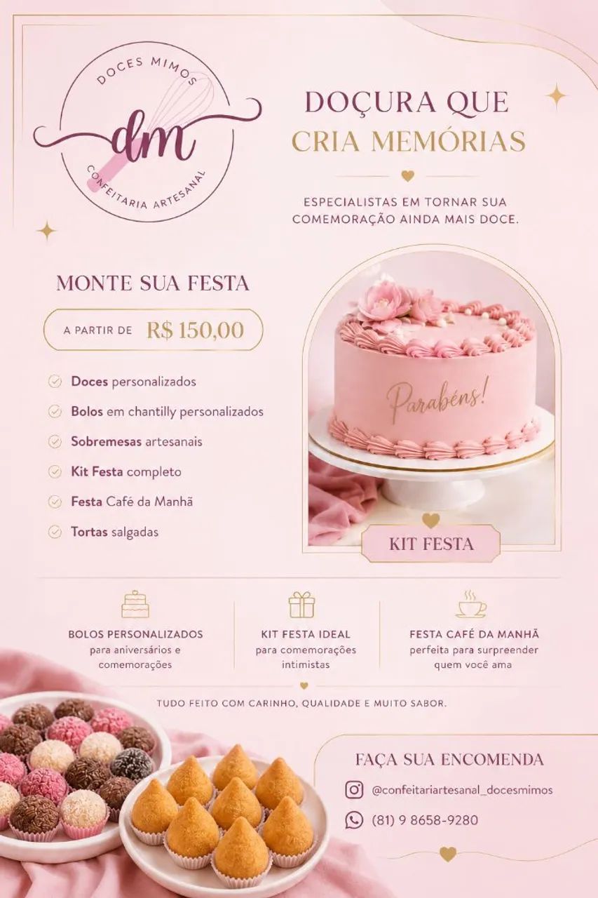 Kit festa personalizado, doces e salgados, cesta de café da manhã e muito mais.