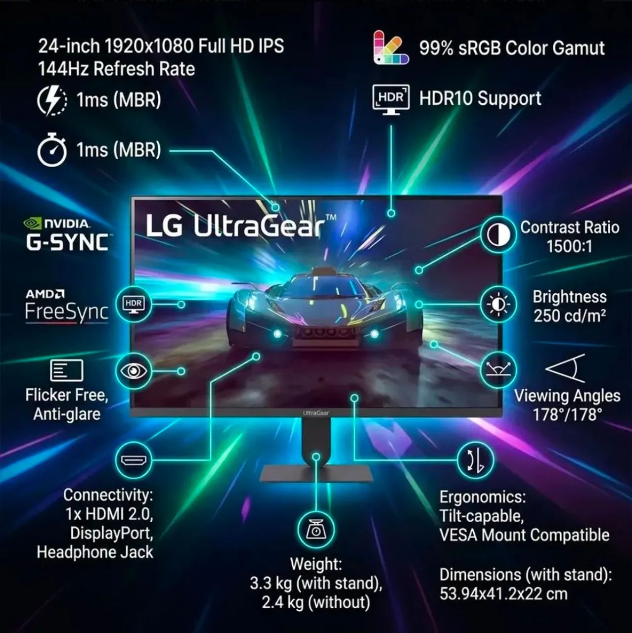 Monitor Lg UltraGear 24" polegadas FullHD (1920x1080p) IPS, 144hz 1ms, HDMI DisplayPort P2 - Foto 3