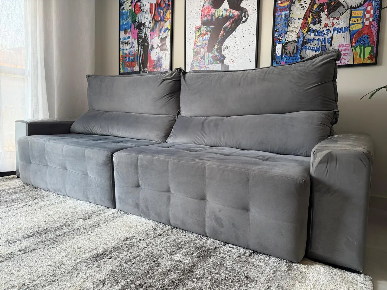 Sofá Retrátil e Reclinável 2,90m Veludo Cinza (Grande / Super Confortável) - Foto 4