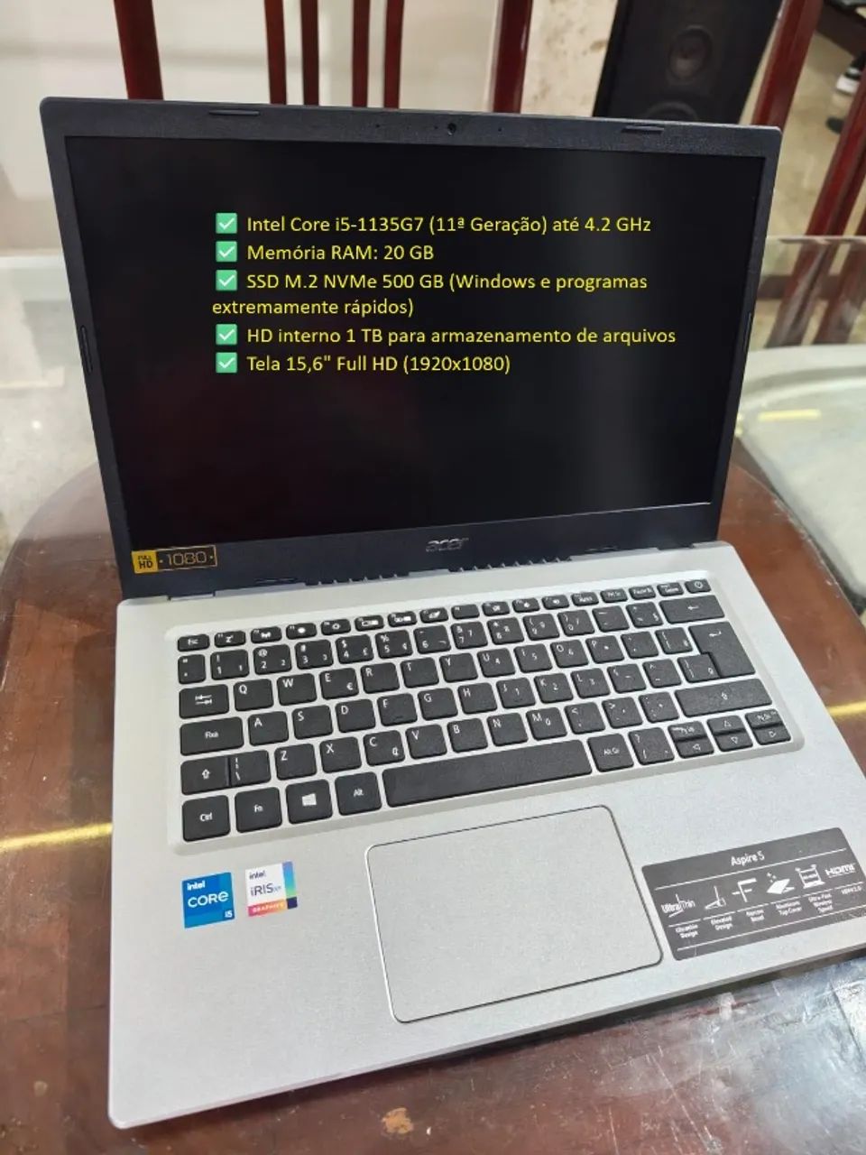 Notebook Acer Aspire 5 | Intel Core i5 11ª Geração | 20GB RAM | SSD M.2 500GB + HD 1TB 