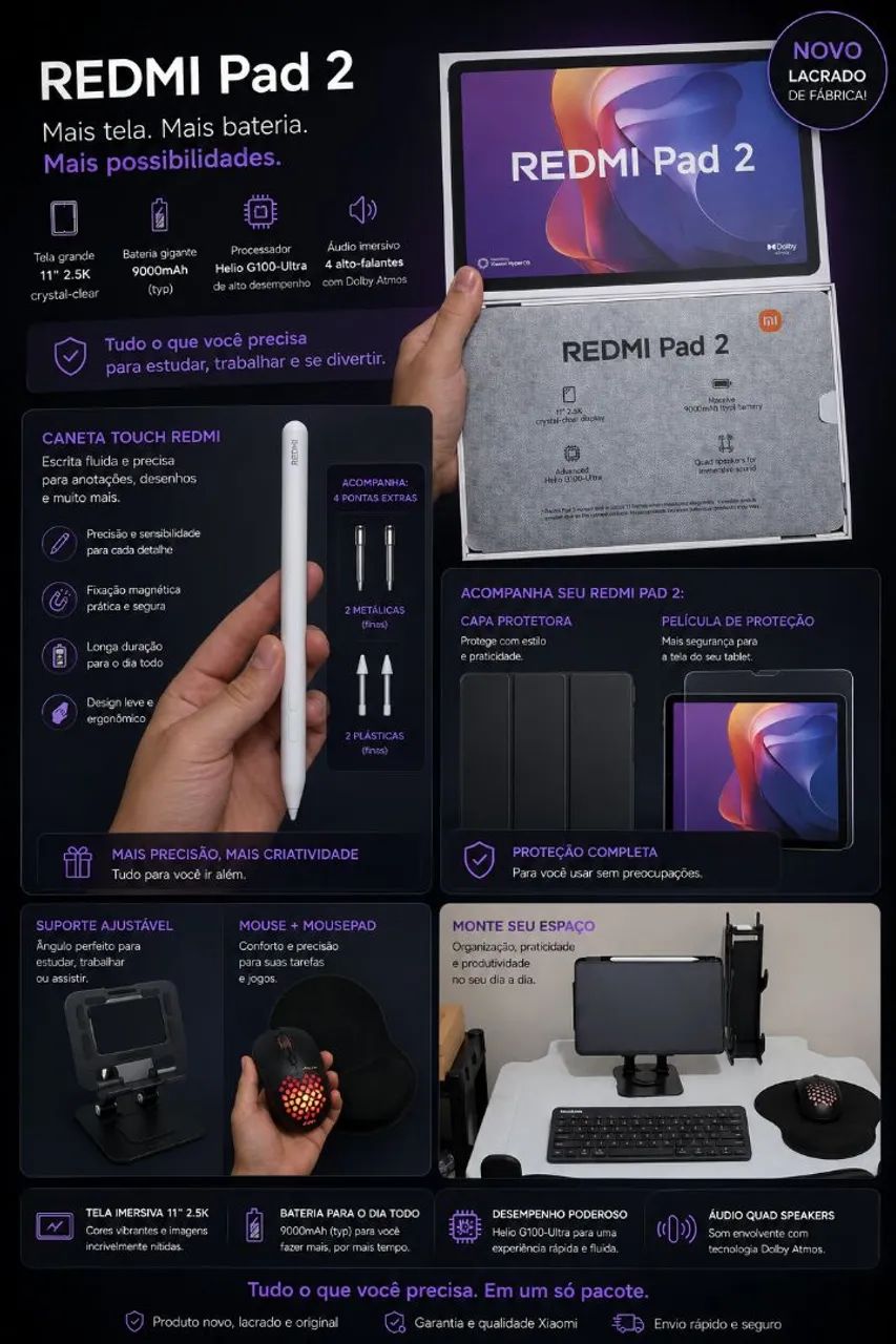 Redmi Pad 2 256GB + Caneta Touch + Capa + Película + Teclado + Mouse - Foto 2
