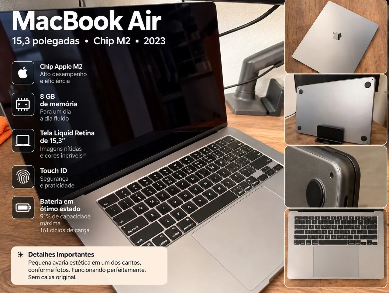 MacBook Air 15 polegadas M2 2023 - 8GB - Bateria 91%