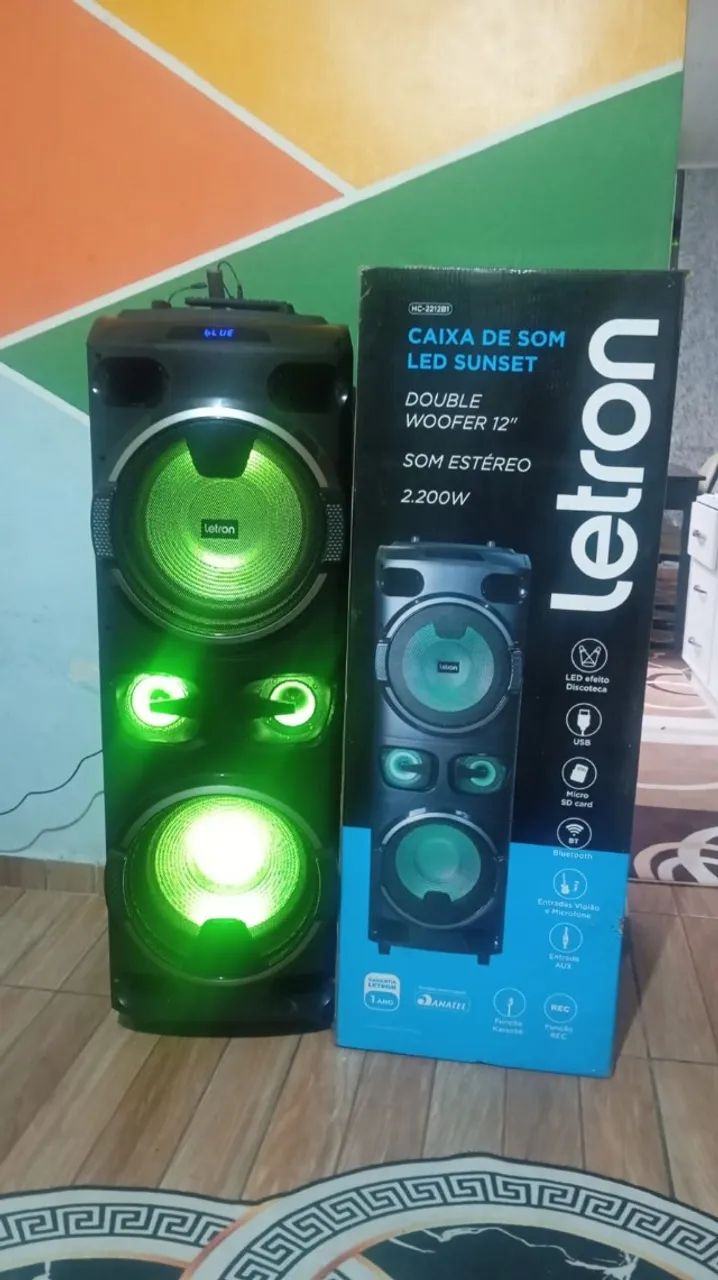 Caixa de Som Letron 2200W - Bluetooth, Karaokê e LED