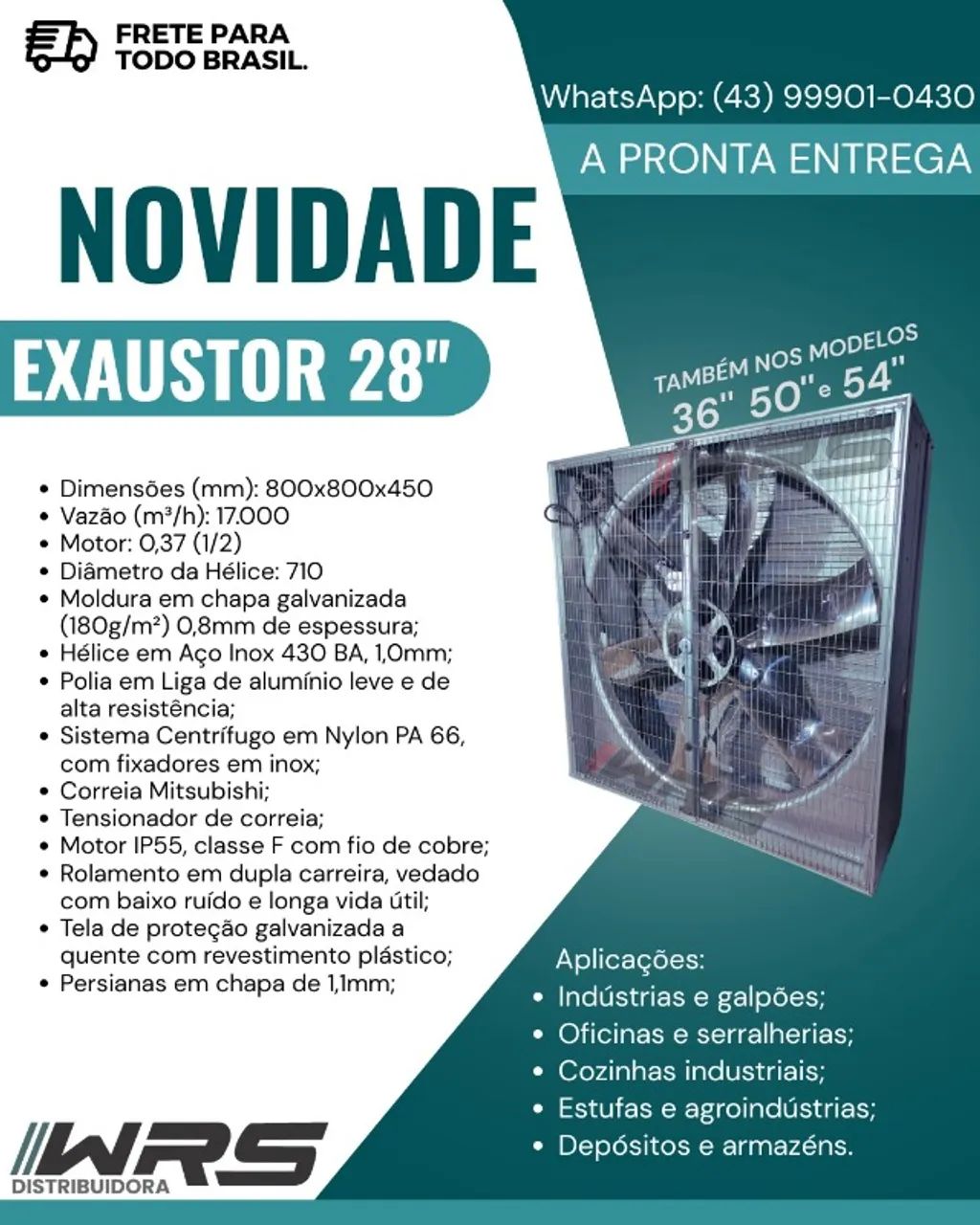 EXAUSTOR INDUSTRIAL 28 POLEGADAS TRIFÁSICO 1/2CV 220/380V - 800x800x450mm - 17.000m3
