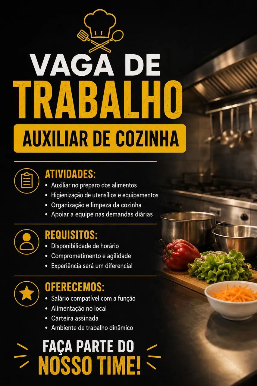 Vaga para Auxiliar de Cozinha. 