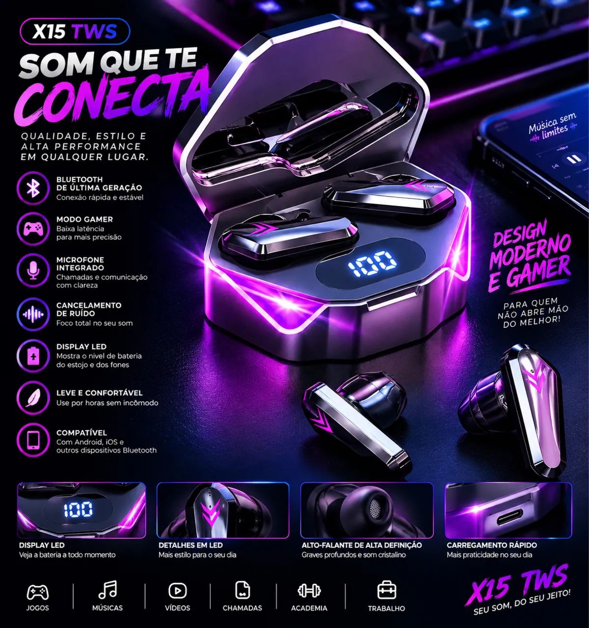 Fones headset gamers Bluetooth 