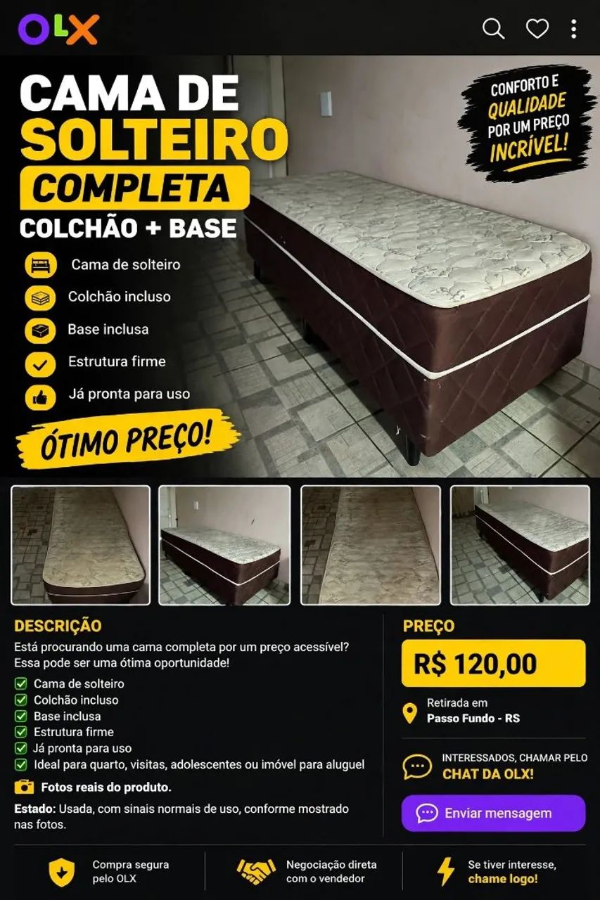 Cama de Solteiro Completa com Colchão e Base - Ótimo Preço!