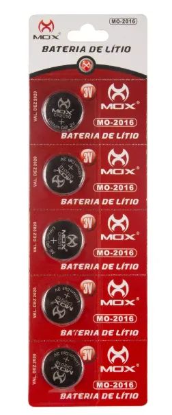 Bateria De Lítio Botão 3v Mox MO-CR2016 - Cartela c/5-Unidades