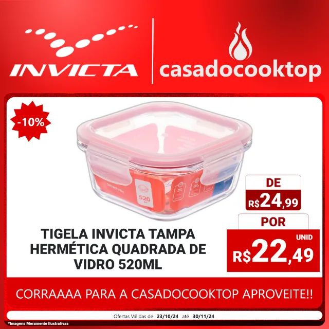 Tigela Invicta Tampa Hermética Quadrada de Vidro 520ml