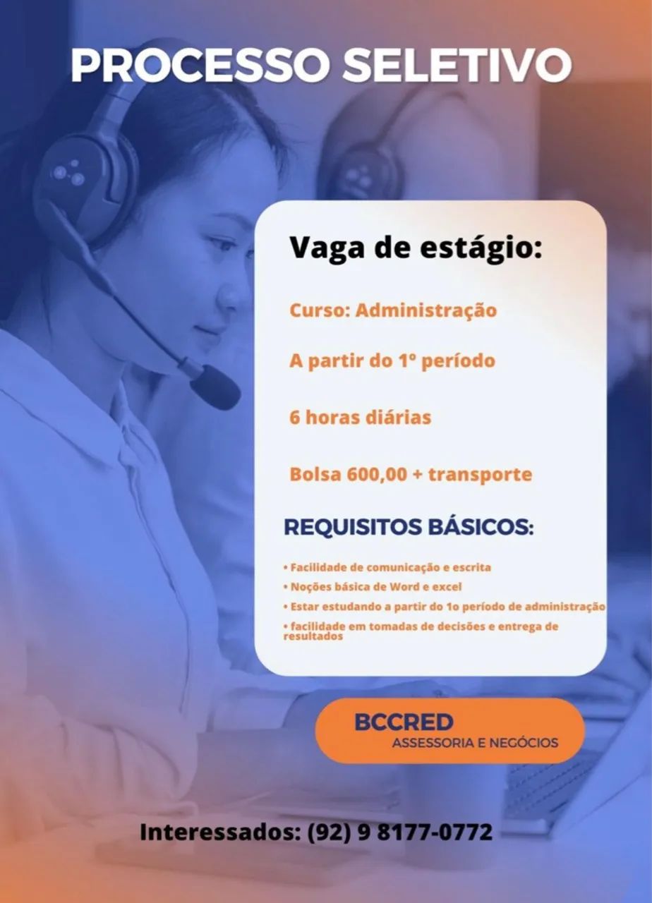 VAGA DE ESTÁGIO PARA QUEM MORA PRÓXIMO A BEMOL DA TORQUATO 