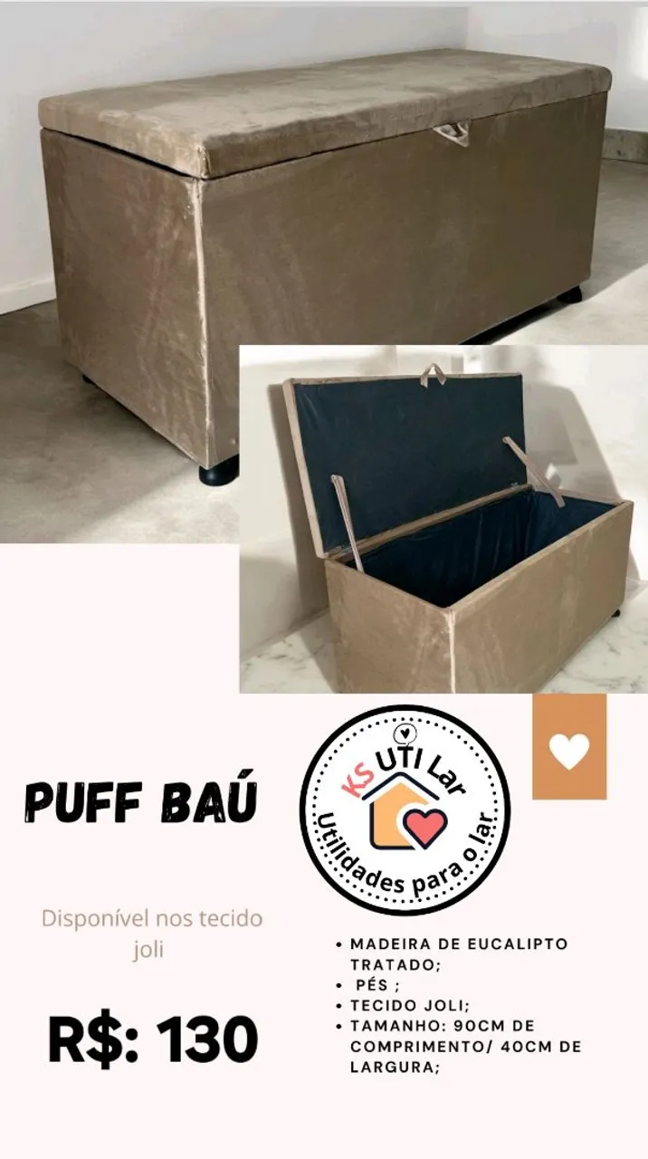 (NOVO) Puff Baú com tecido Joli - KS Úti Lar (LEIA A DESCRIÇÃO)