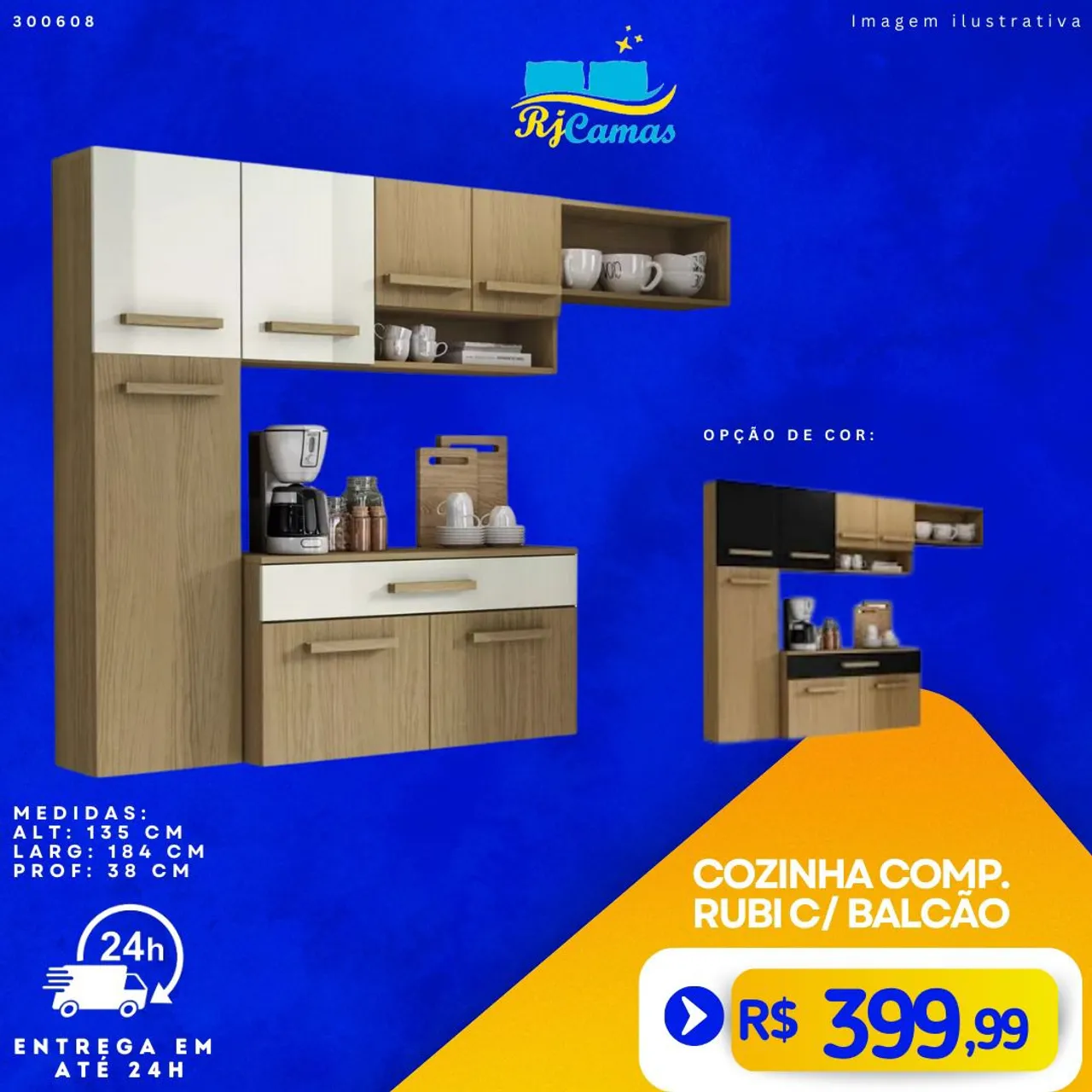 Cozinha Completa Rubi com Balcão - Amadeirado
