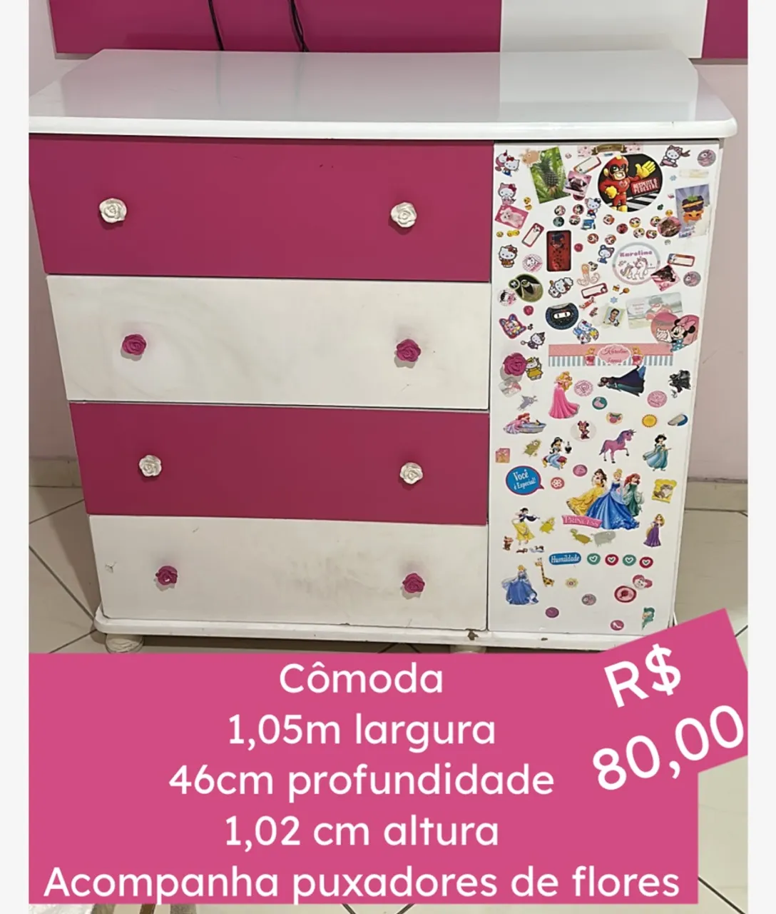 Cômoda infantil com puxadores de flores