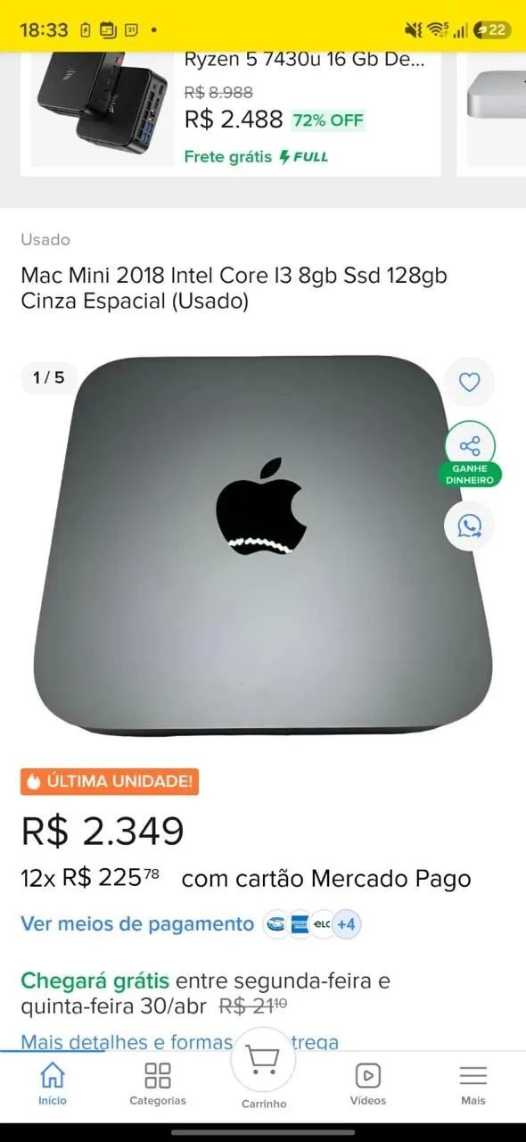 Mac Mini 2018 Intel Core i3 8GB SSD 480GB - Foto 4