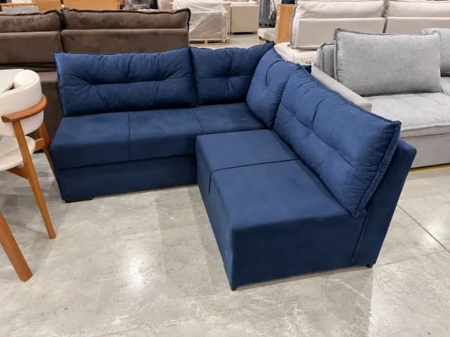Sofá de canto 5 lugares azul em suede