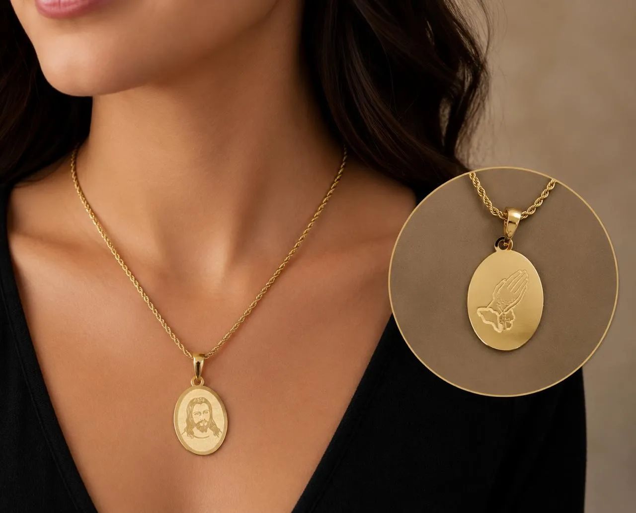 Conjunto Trancelim e Medalha Dupla Face em Ouro 18K 750