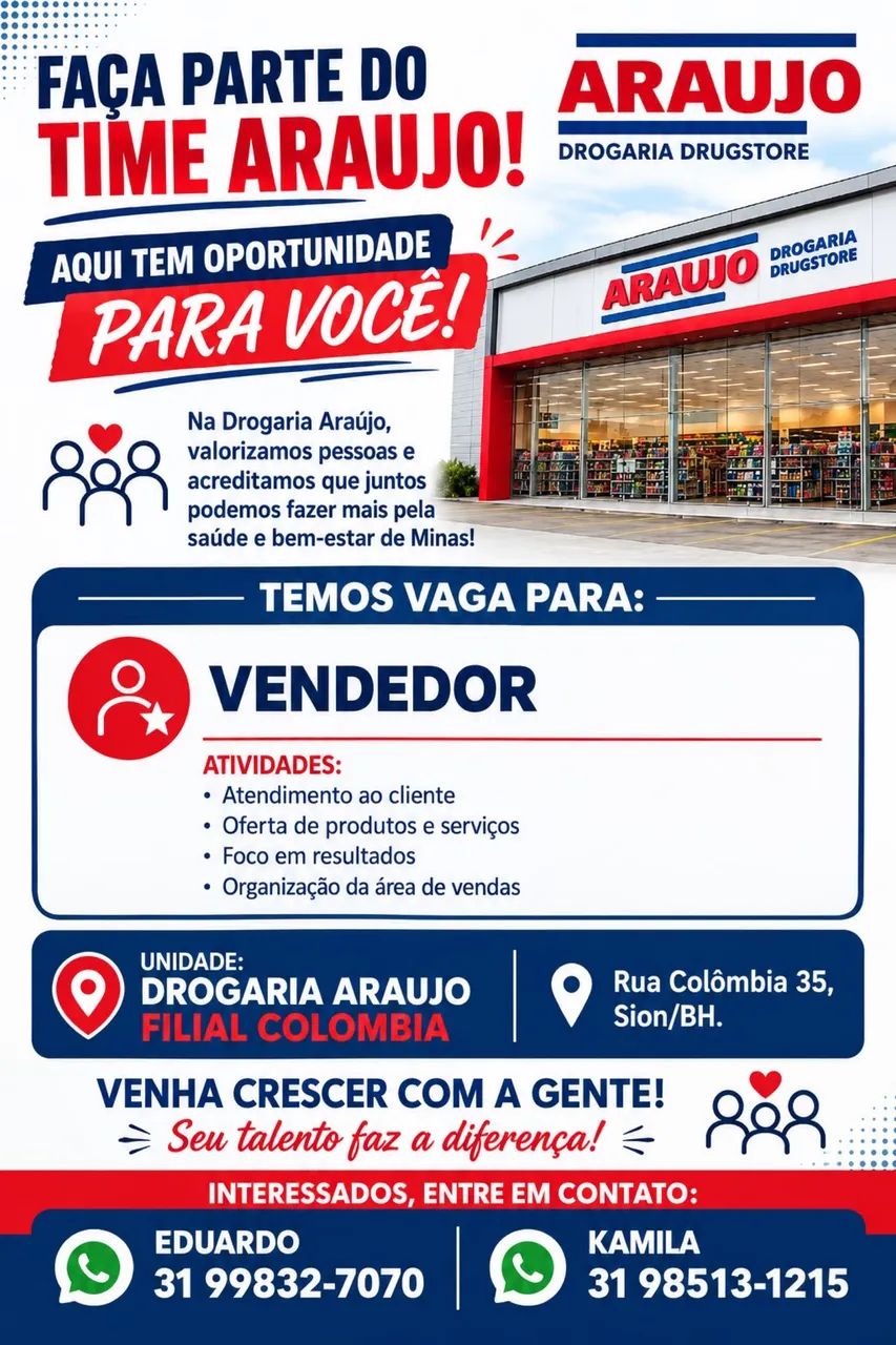 Vaga disponível para vendedor de medicamentos e perfumaria.