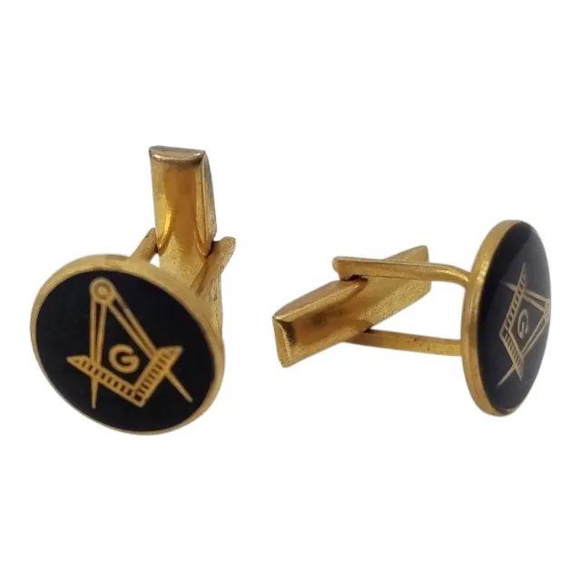 Antigo Par de Abotoadura Maçônica Metal Esmaltado Dourado - Foto 4