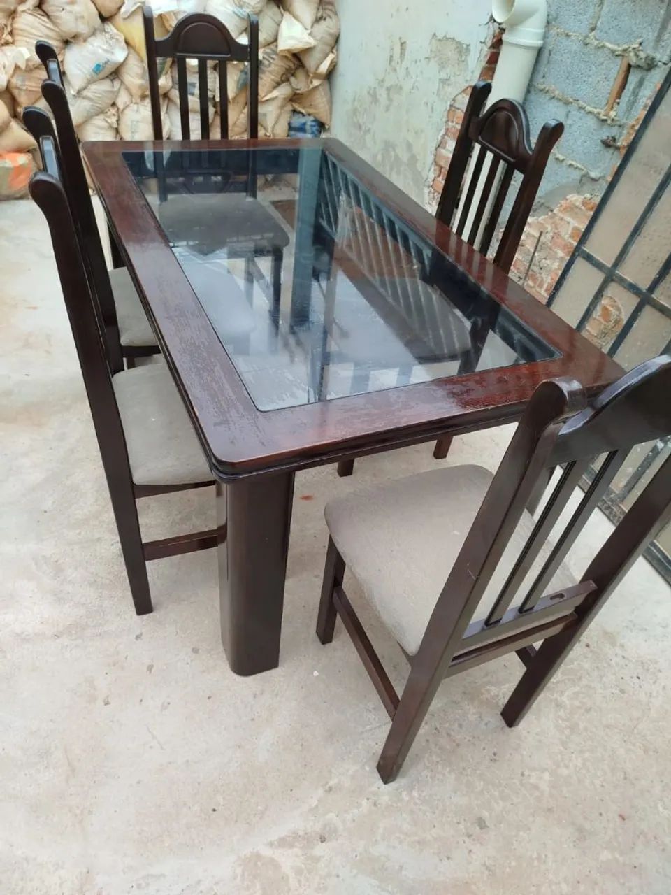 Mesa Jantar Madeira e Tampo de Vidro 5 Cadeiras