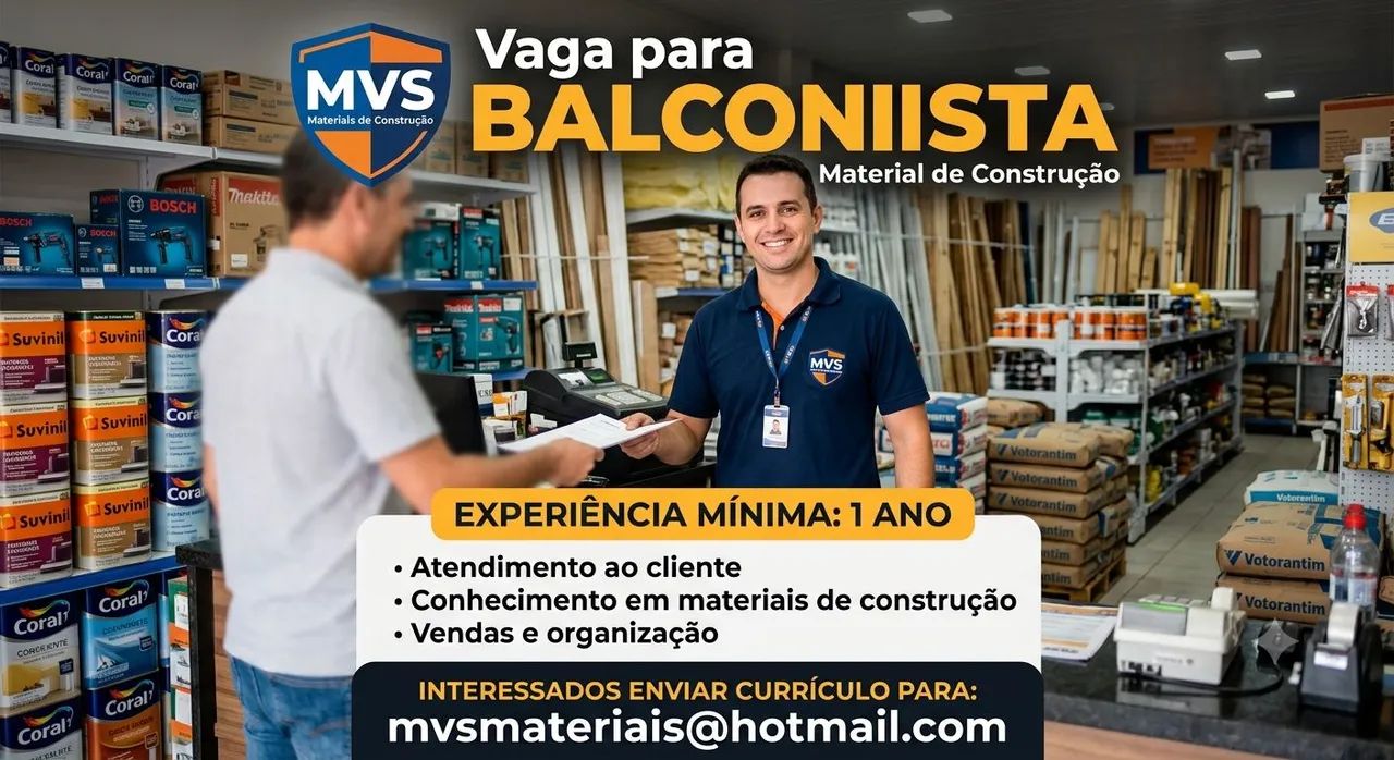 Vaga balconista material de construção 