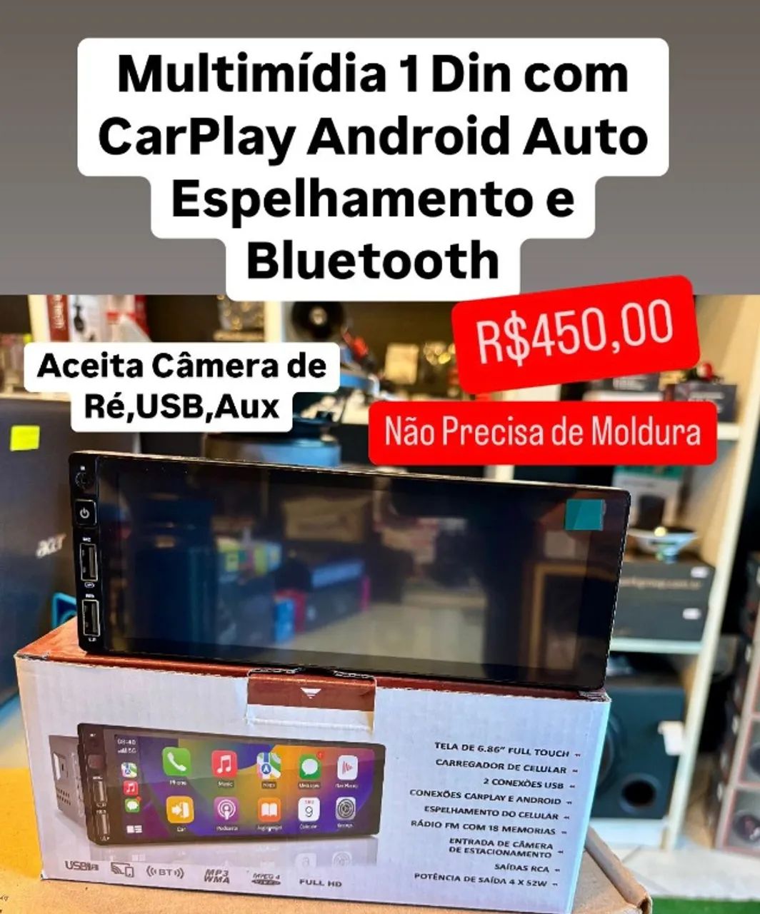 Multimídia 1 Din Tela 5 Polegadas N Precisa Moldura Carplay Android Espelhamento Som Carro