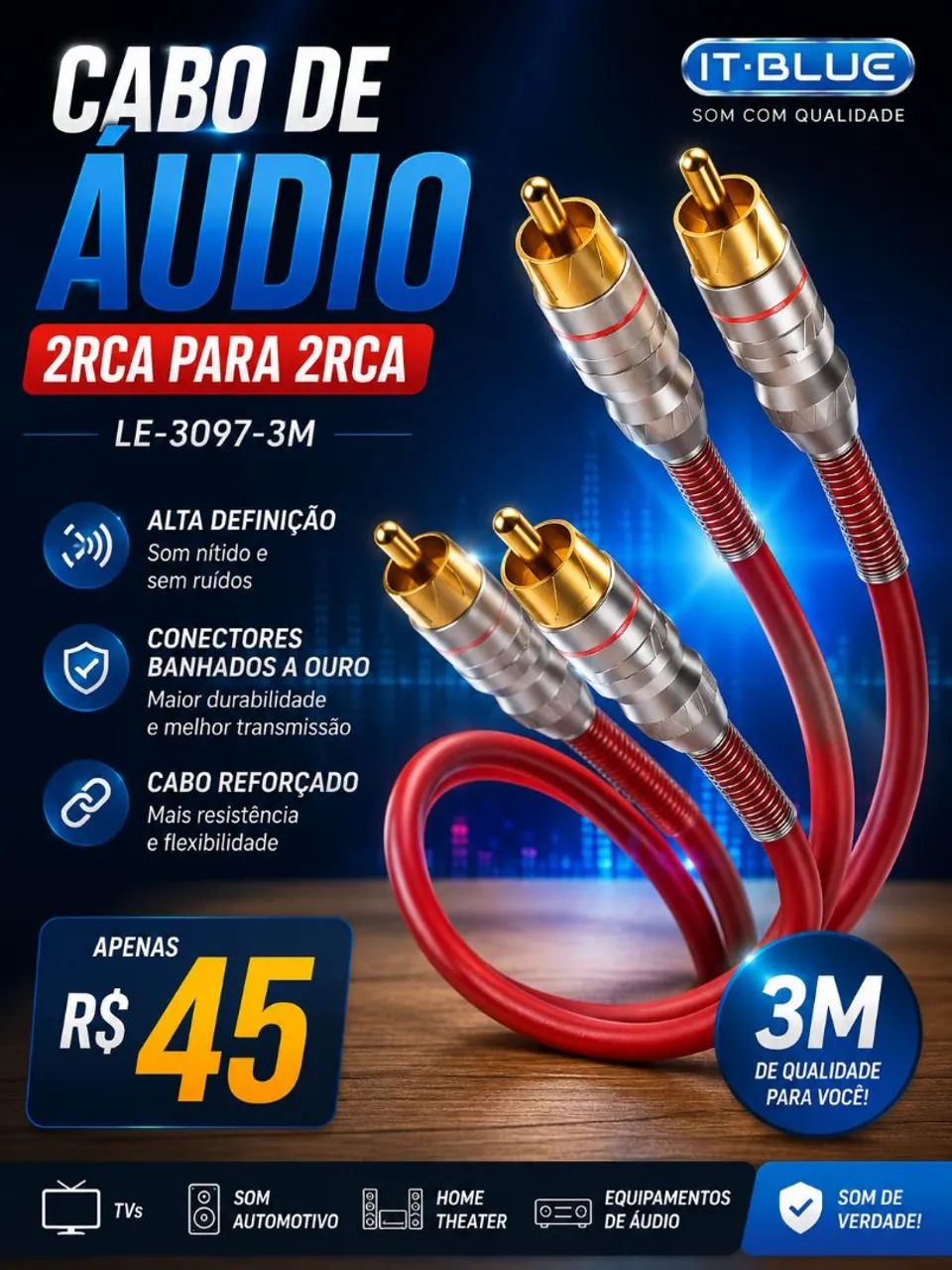 Cabo de áudio 2rca para 2rca 