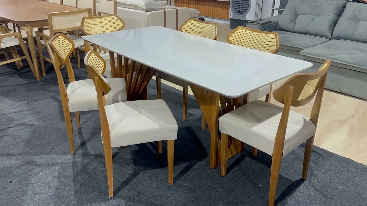 MESA DE JANTAR 1.80x90 BASE RIPADA 100% MADEIRA COM 6 CADEIRAS - Foto 2