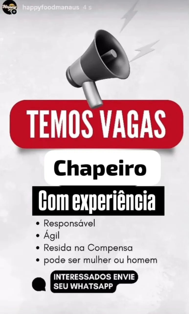 Estamos contratando Chapeiro com experiência 