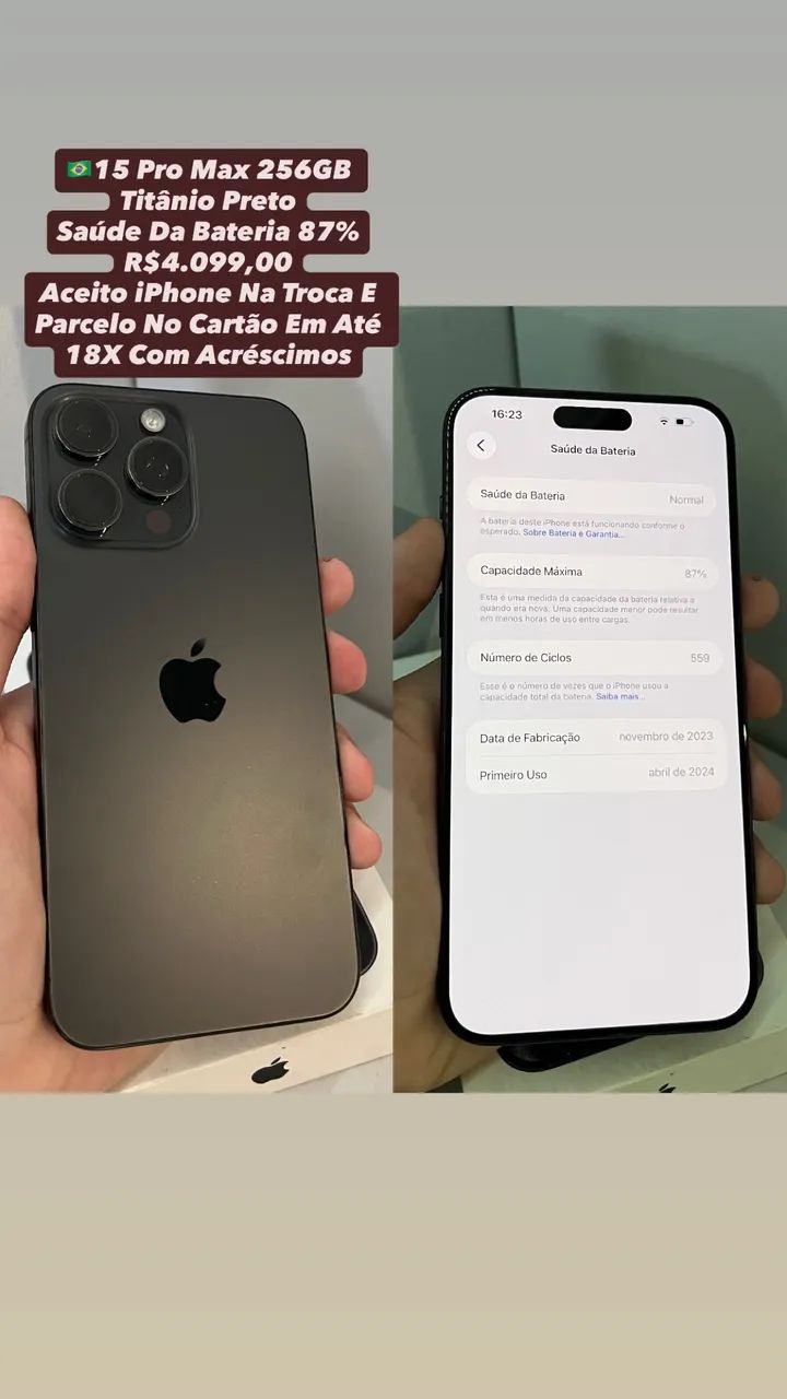 iPhone 15 Pro Max 256GB Preto - Saúde Da Bateria 87% (Usado)