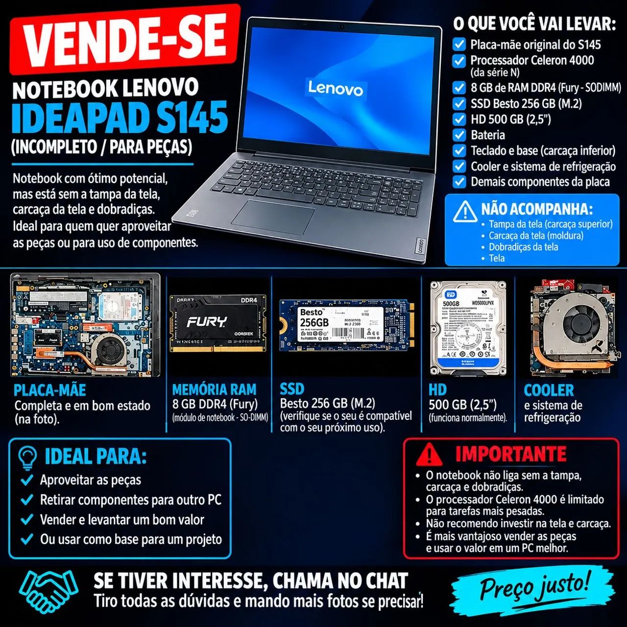 NOTEBOOK LENOVO IDEAPAD S145 ? PARA PEÇAS