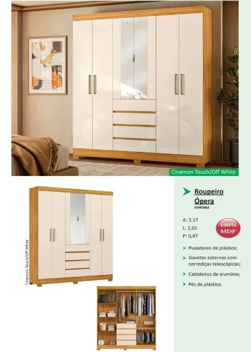 Guarda Roupa Opera 100% MDF com espelho - Foto 3