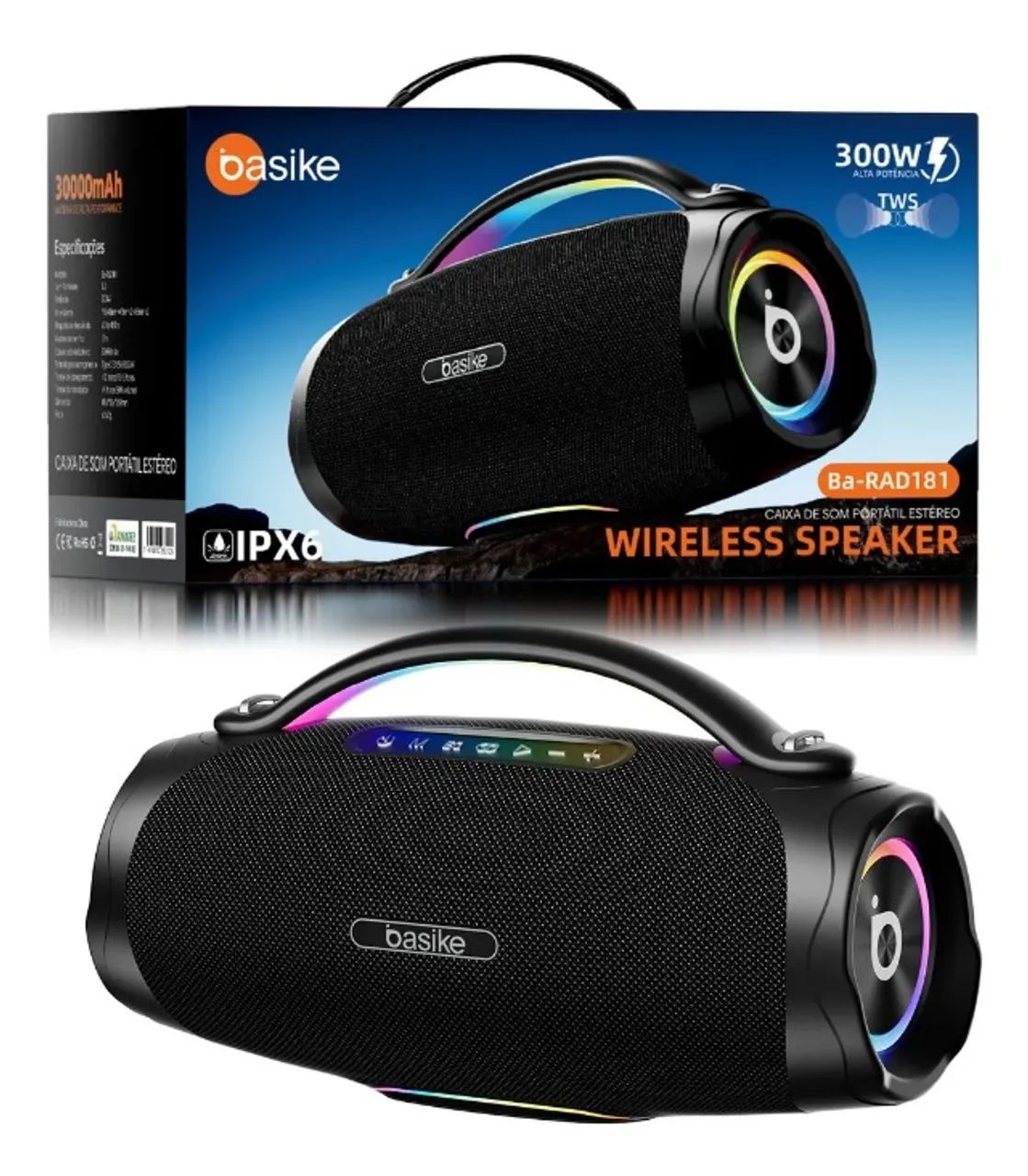 Caixa de Som Portátil Estéreo Basike Ba-RAD181 300W com Bluetooth, Luzes RGB e Bateria  - Foto 5