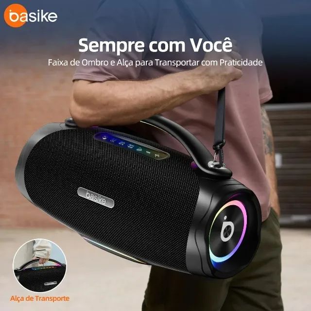 Caixa de Som Portátil Estéreo Basike Ba-RAD181 300W com Bluetooth, Luzes RGB e Bateria 