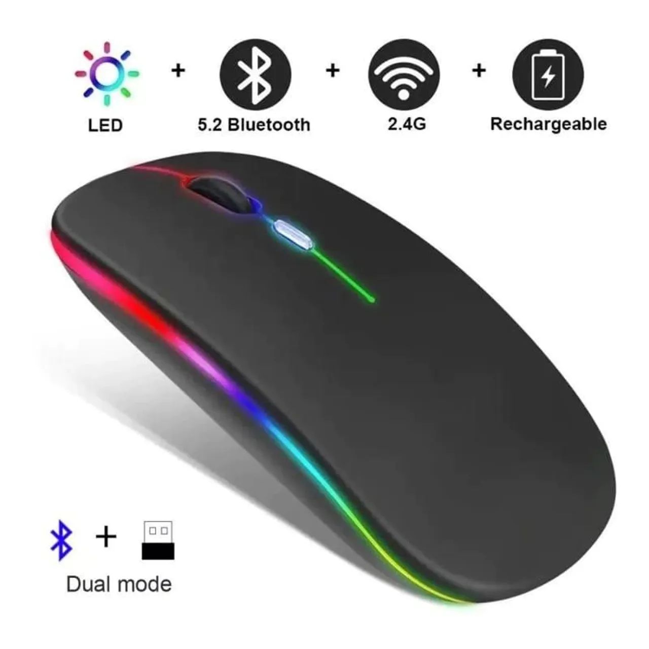 Mouse Sem Fio Recarregável 2.4G Bluetooth com LED RGB