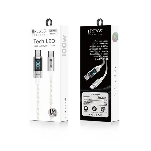 Cabo Cel Hrebos CB-371C USB-C para USB-C 1m 3.1A 100W - WZetta - Foto 5