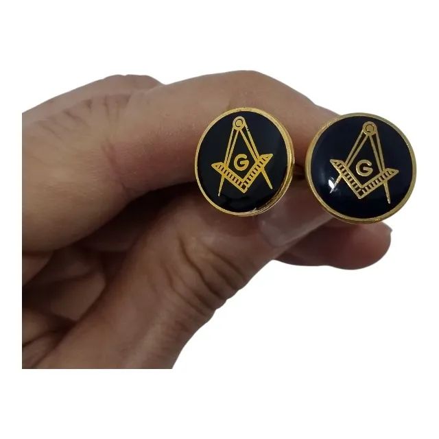 Antigo Par de Abotoadura Maçônica Metal Esmaltado Dourado - Foto 3